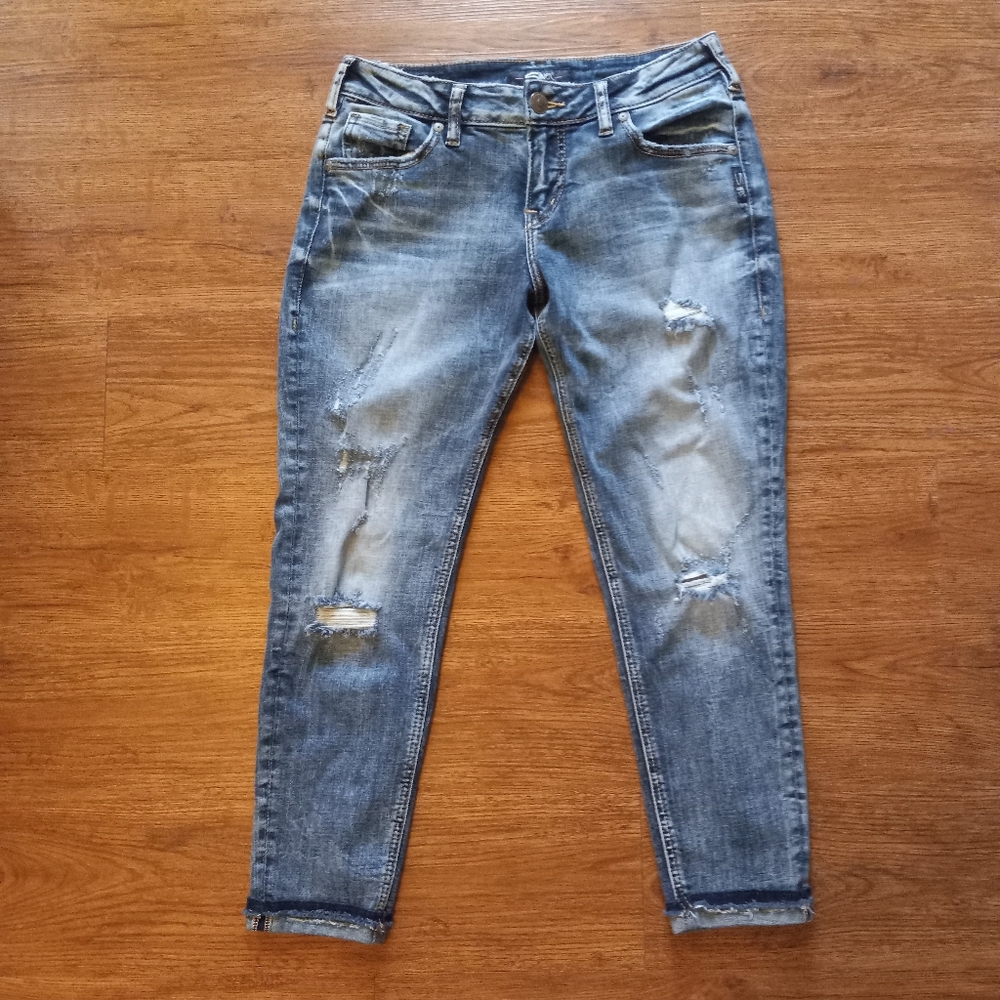 Silver Jeans Kenni Women's W 27/ L25 Slim Fit Distressed Cropped Denim